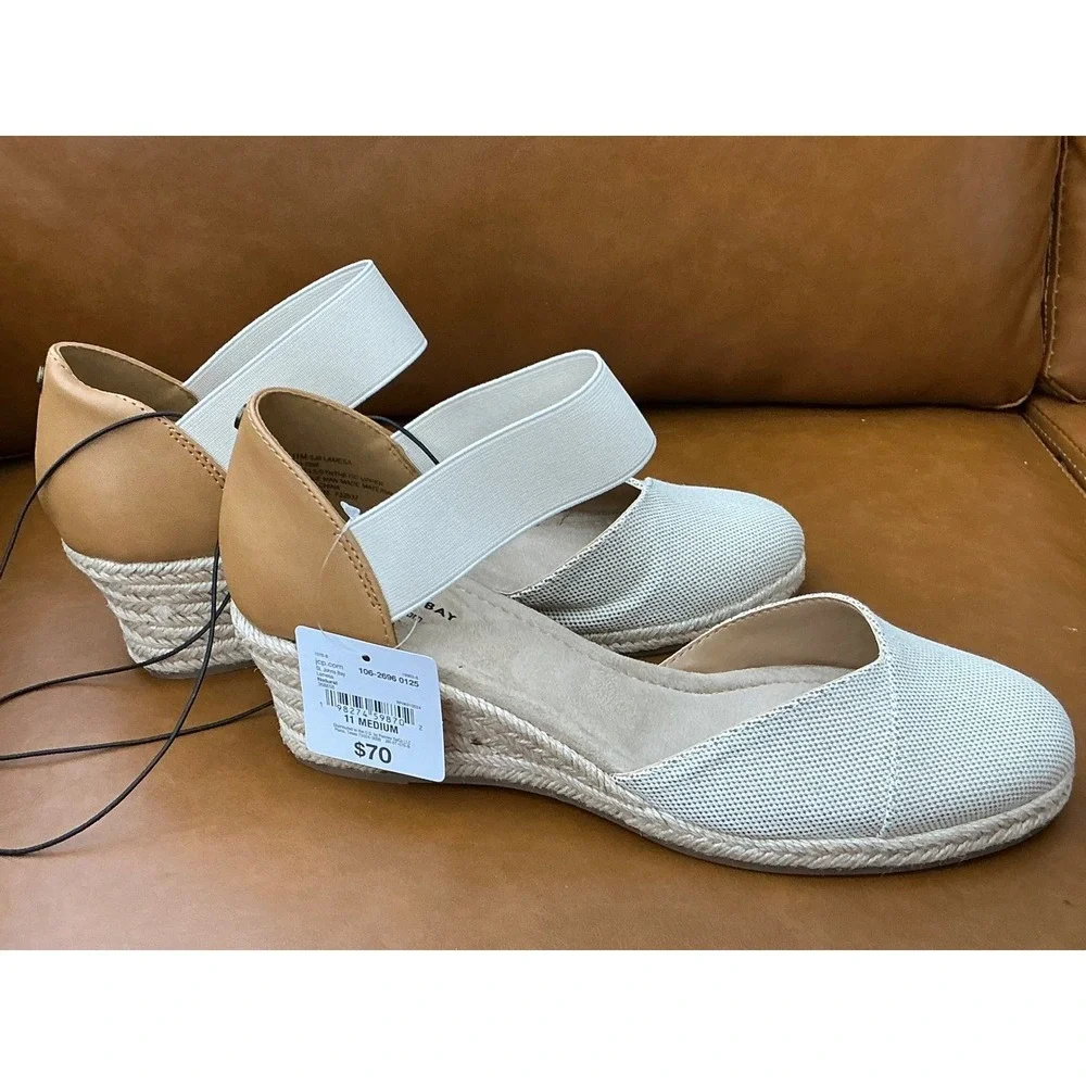 St.John's Bay Lamesa Wedge Sandals Womens11 Natural New Espadrille Elastic Strap